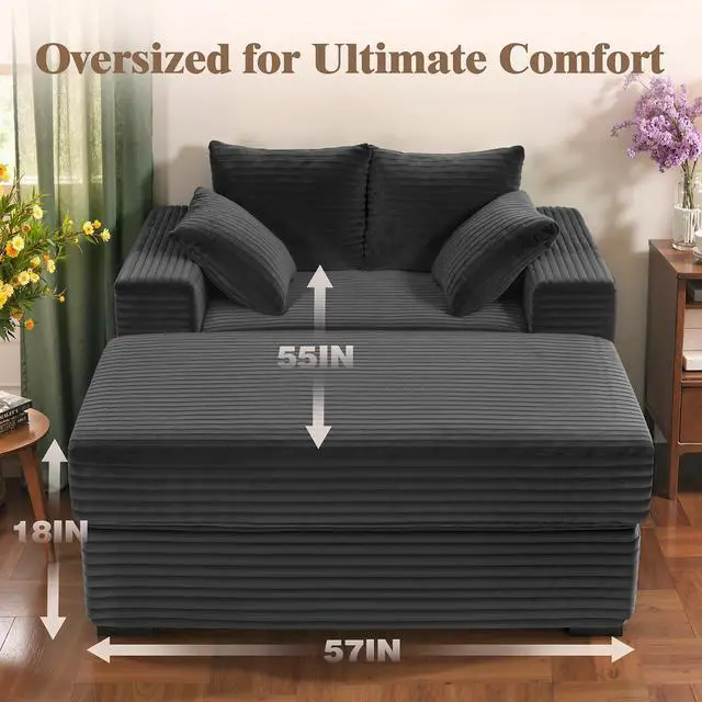 Alt view image 2 of 7 - Luxe Chaise Lounge Chair Indoor with Storage Ottoman, Comfy Corduroy Oversized Lounge Sofa with 4 Pillows, 60" Modern Upholstered Sleeper Couch Bed for Bedroom (Dark Grey, 57 in)