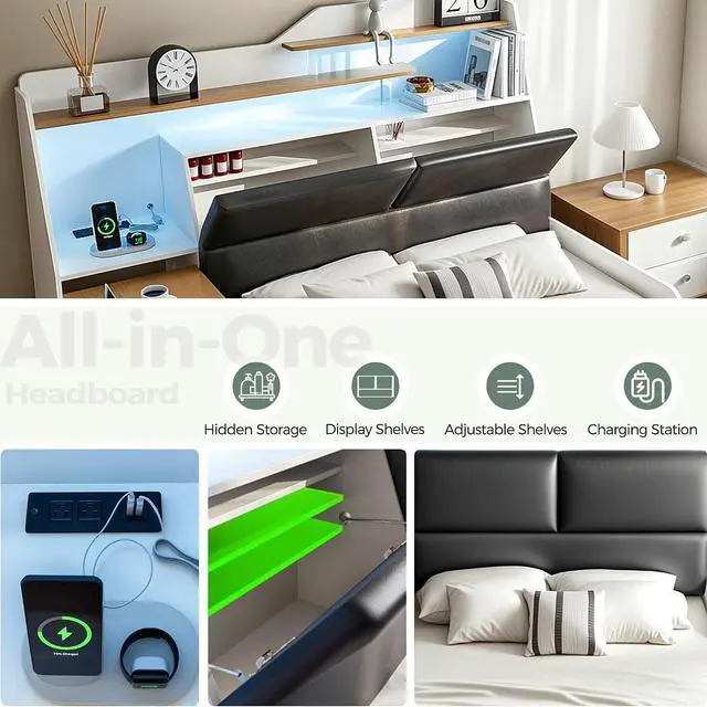 Alt view image 5 of 7 - Full Size Platform Bed with Foldable Desk & Storage Headboard | Bookshelf