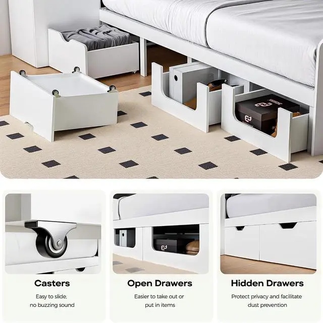 Alt view image 4 of 7 - Full Size Platform Bed with Foldable Desk & Storage Headboard | Bookshelf