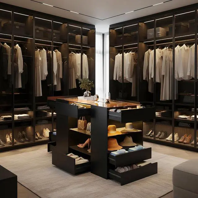 Alt view image 4 of 7 - Modern Closet Island with 10 Drawers, LED Wardrobe Armoire Island with Glass Top, Luxury Walk-in Closet Island Storage Cabinet with Display Shelf for Cloakroom, Dressing Room (Black)