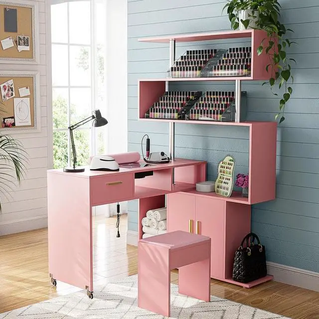 Main image of Manicure Table Nail Desk with Stool, L-Shaped Nail Tech Desk with Dust Collector, Two-Way Drawer, Cabinet & Storage Shelves, Rotating Reversible Manicure Workstation on Wheels (Pink)