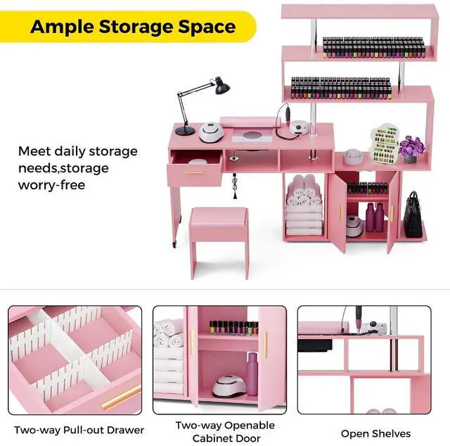 Alt view image 5 of 7 - Manicure Table Nail Desk with Stool, L-Shaped Nail Tech Desk with Dust Collector, Two-Way Drawer, Cabinet & Storage Shelves, Rotating Reversible Manicure Workstation on Wheels (Pink)