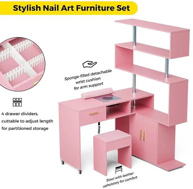 Alt view image 6 of 7 - Manicure Table Nail Desk with Stool, L-Shaped Nail Tech Desk with Dust Collector, Two-Way Drawer, Cabinet & Storage Shelves, Rotating Reversible Manicure Workstation on Wheels (Pink)