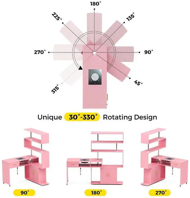 Alt view image 3 of 7 - Manicure Table Nail Desk with Stool, L-Shaped Nail Tech Desk with Dust Collector, Two-Way Drawer, Cabinet & Storage Shelves, Rotating Reversible Manicure Workstation on Wheels (Pink)