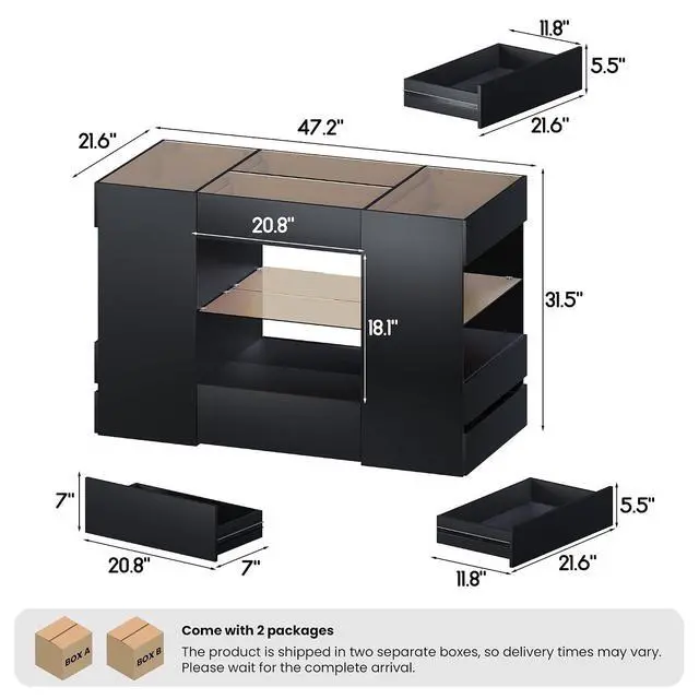 Alt view image 2 of 7 - Modern Closet Island with 10 Drawers, LED Wardrobe Armoire Island with Glass Top, Luxury Walk-in Closet Island Storage Cabinet with Display Shelf for Cloakroom, Dressing Room (Black)