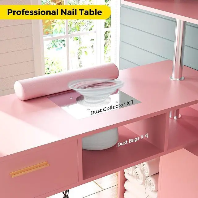 Alt view image 4 of 7 - Manicure Table Nail Desk with Stool, L-Shaped Nail Tech Desk with Dust Collector, Two-Way Drawer, Cabinet & Storage Shelves, Rotating Reversible Manicure Workstation on Wheels (Pink)