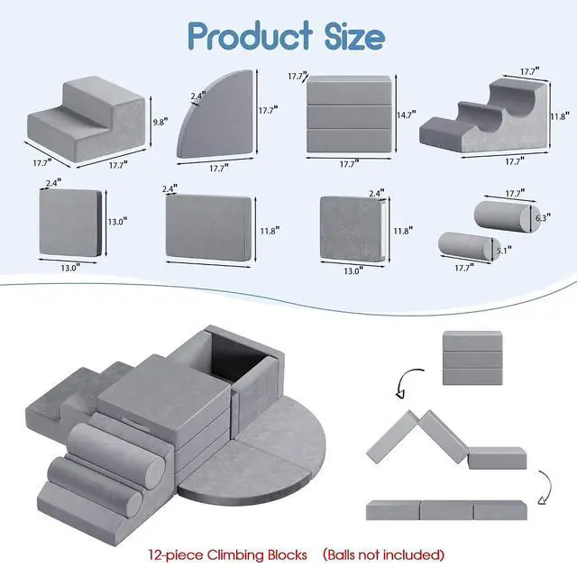 Alt view image 2 of 7 - 12 PCS Foam Climbing Blocks for Toddlers with Ball Pit, Safe Soft Play Gym SetBaby Kids' Indoor Playground Foam Blocks for Crawling, Climbing Motor Skills DevelopmentGray