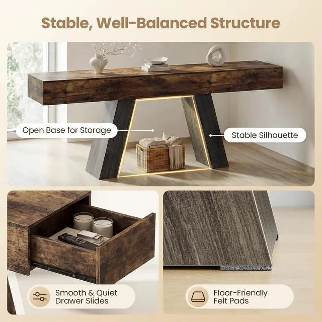Alt view image 7 of 7 - 63-Inch Long Console Table w/Storage Drawers, Wood Grain Sofa Table Behind Couch, for Entryway, Entrance, Hallway, Foyer, Living Room (Rustic Brown + Charcoal)