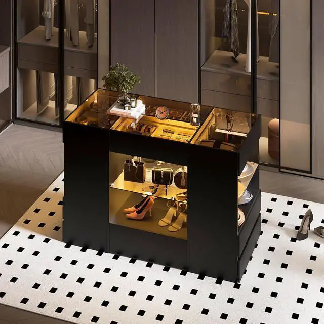 Alt view image 3 of 7 - Modern Closet Island with 10 Drawers, LED Wardrobe Armoire Island with Glass Top, Luxury Walk-in Closet Island Storage Cabinet with Display Shelf for Cloakroom, Dressing Room (Black)