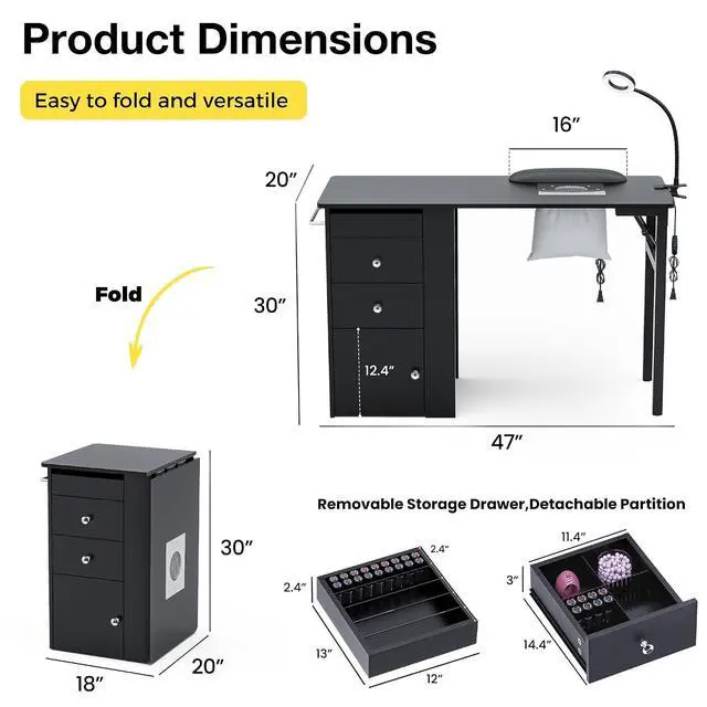 Alt view image 2 of 7 - Foldable Nail Table with Dust Collector, Manicure Desk for Nail Tech,with LED Lamp, Wrist Rest, Rolling Nail Table for Salon, Home Beauty Workstation, Compact Nail Station with Storage (Black)