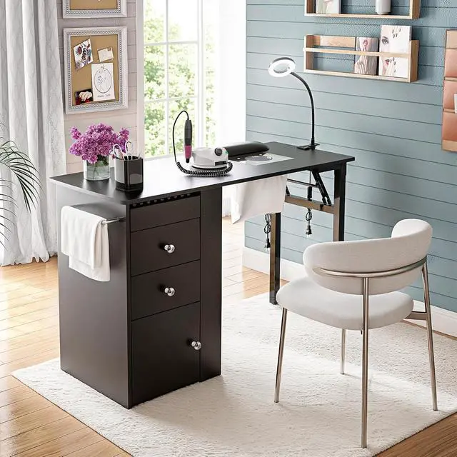 Alt view image 3 of 7 - Foldable Nail Table with Dust Collector, Manicure Desk for Nail Tech,with LED Lamp, Wrist Rest, Rolling Nail Table for Salon, Home Beauty Workstation, Compact Nail Station with Storage (Black)