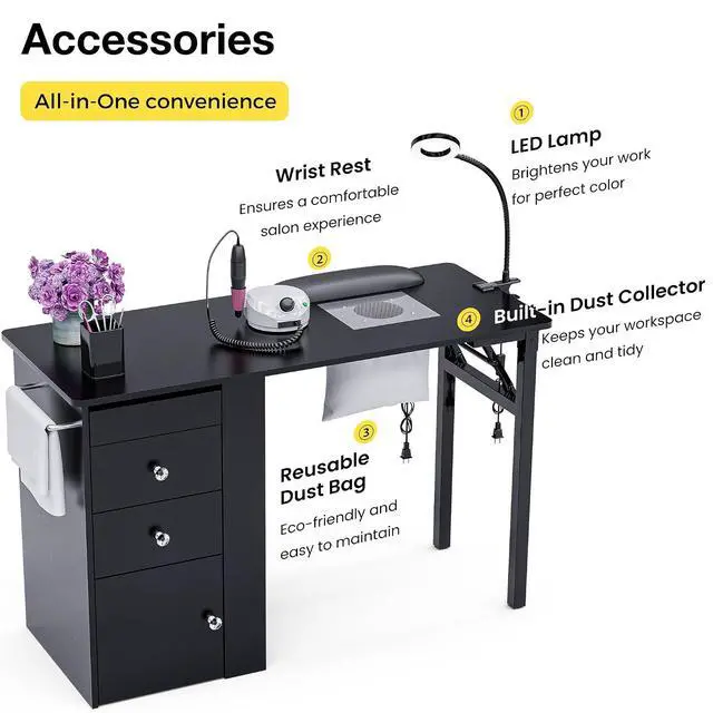 Alt view image 7 of 7 - Foldable Nail Table with Dust Collector, Manicure Desk for Nail Tech,with LED Lamp, Wrist Rest, Rolling Nail Table for Salon, Home Beauty Workstation, Compact Nail Station with Storage (Black)