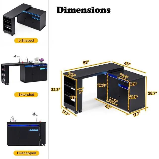 Alt view image 2 of 7 - L-Shaped Manicure Table with Storage Cabinet, Drawer & Shelf, Rotating & Convertible Nail Tech Desk, Modern Nail Salon Table with LED Light, Black