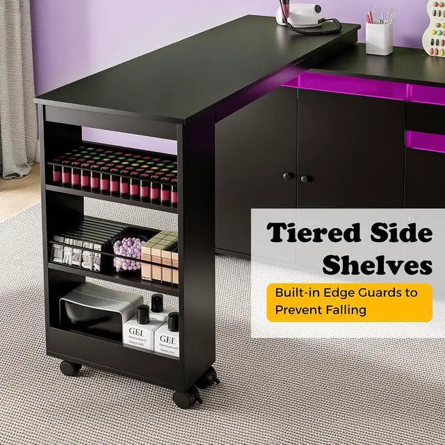 Alt view image 3 of 7 - L-Shaped Manicure Table with Storage Cabinet, Drawer & Shelf, Rotating & Convertible Nail Tech Desk, Modern Nail Salon Table with LED Light, Black