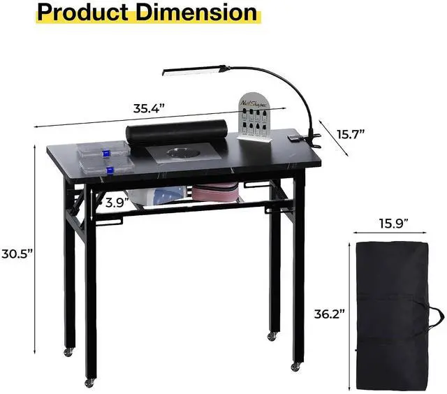 Alt view image 3 of 7 - Portable & Foldable Manicure Table w/Dust Collector, Rolling Nail Tech Desk w/LED Light Lamp, Wrist Cushion, Lockable Wheels, Carrying Case, for Home Travel Beauty Salon Workstation (Marble Black)