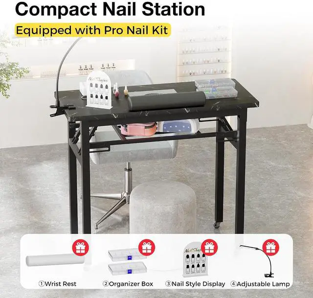 Alt view image 4 of 7 - Portable & Foldable Manicure Table w/Dust Collector, Rolling Nail Tech Desk w/LED Light Lamp, Wrist Cushion, Lockable Wheels, Carrying Case, for Home Travel Beauty Salon Workstation (Marble Black)