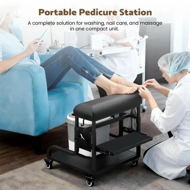 Alt view image 7 of 7 - Adjustable Pedicure Foot Rest with 3-Level Height, PU Cushion, Storage & Locking Wheels, Mobile Pedicure Cart Foot Bath Trolley for Foot Bath, Salon & Spa (Black)