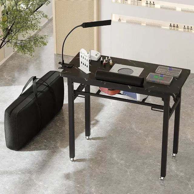 Alt view image 2 of 7 - Portable & Foldable Manicure Table w/Dust Collector, Rolling Nail Tech Desk w/LED Light Lamp, Wrist Cushion, Lockable Wheels, Carrying Case, for Home Travel Beauty Salon Workstation (Marble Black)