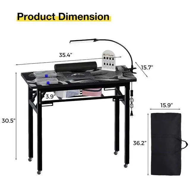 Alt view image 3 of 7 - Portable Foldable Manicure Table with Dust Collector, Rolling Nail Tech Desk with LED Lamp, Wrist Rest, Lockable Wheels & Carrying Case for Home Salon, Travel & Mobile Nail Techs (Black White Wave)