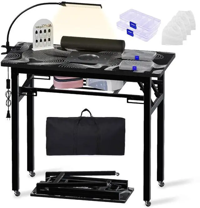 Main image of Portable Foldable Manicure Table with Dust Collector, Rolling Nail Tech Desk with LED Lamp, Wrist Rest, Lockable Wheels & Carrying Case for Home Salon, Travel & Mobile Nail Techs (Black White Wave)