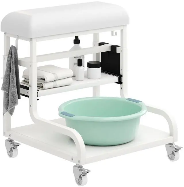 Main image of Adjustable Pedicure Foot Rest with 3-Level Height, PU Cushion, Storage & Locking Wheels, Mobile Pedicure Cart Foot Bath Trolley for Foot Bath, Salon & Spa (White)