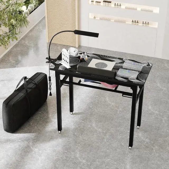 Alt view image 2 of 7 - Portable Foldable Manicure Table with Dust Collector, Rolling Nail Tech Desk with LED Lamp, Wrist Rest, Lockable Wheels & Carrying Case for Home Salon, Travel & Mobile Nail Techs (Black White Wave)