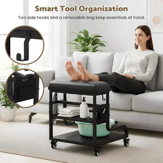 Alt view image 6 of 7 - Adjustable Pedicure Foot Rest with 3-Level Height, PU Cushion, Storage & Locking Wheels, Mobile Pedicure Cart Foot Bath Trolley for Foot Bath, Salon & Spa (Black)
