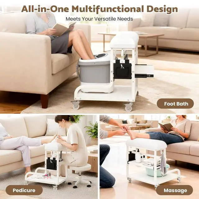 Alt view image 2 of 7 - Adjustable Pedicure Foot Rest with 3-Level Height, PU Cushion, Storage & Locking Wheels, Mobile Pedicure Cart Foot Bath Trolley for Foot Bath, Salon & Spa (White)