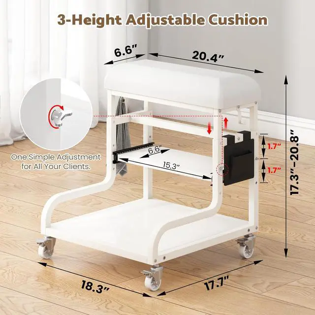 Alt view image 3 of 7 - Adjustable Pedicure Foot Rest with 3-Level Height, PU Cushion, Storage & Locking Wheels, Mobile Pedicure Cart Foot Bath Trolley for Foot Bath, Salon & Spa (White)
