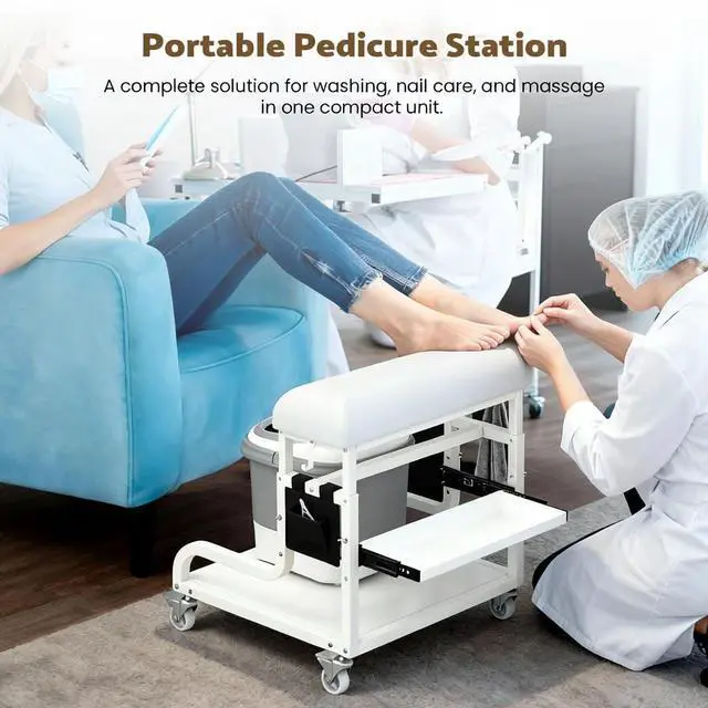 Alt view image 7 of 7 - Adjustable Pedicure Foot Rest with 3-Level Height, PU Cushion, Storage & Locking Wheels, Mobile Pedicure Cart Foot Bath Trolley for Foot Bath, Salon & Spa (White)