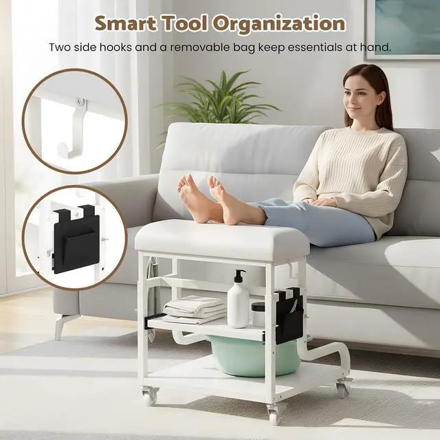 Alt view image 5 of 7 - Adjustable Pedicure Foot Rest with 3-Level Height, PU Cushion, Storage & Locking Wheels, Mobile Pedicure Cart Foot Bath Trolley for Foot Bath, Salon & Spa (White)