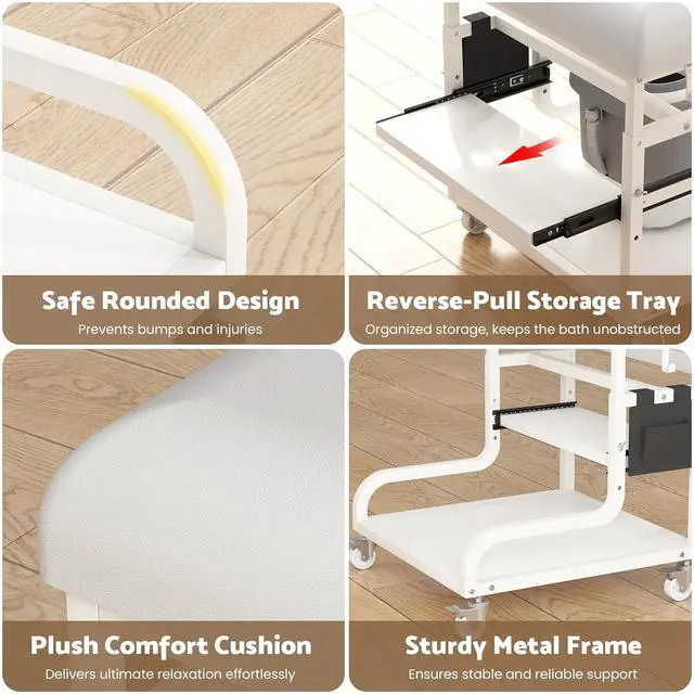 Alt view image 4 of 7 - Adjustable Pedicure Foot Rest with 3-Level Height, PU Cushion, Storage & Locking Wheels, Mobile Pedicure Cart Foot Bath Trolley for Foot Bath, Salon & Spa (White)