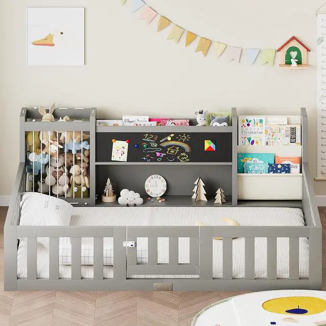 Alt view image 3 of 7 - Montessori Wood Toddler Floor Bed with Door, Safety Guard Rails, Blackboard, Bedside Bookshelf & Plush Toy Storage, Low Kids Bed Frame for Boys and GirlsGray Full