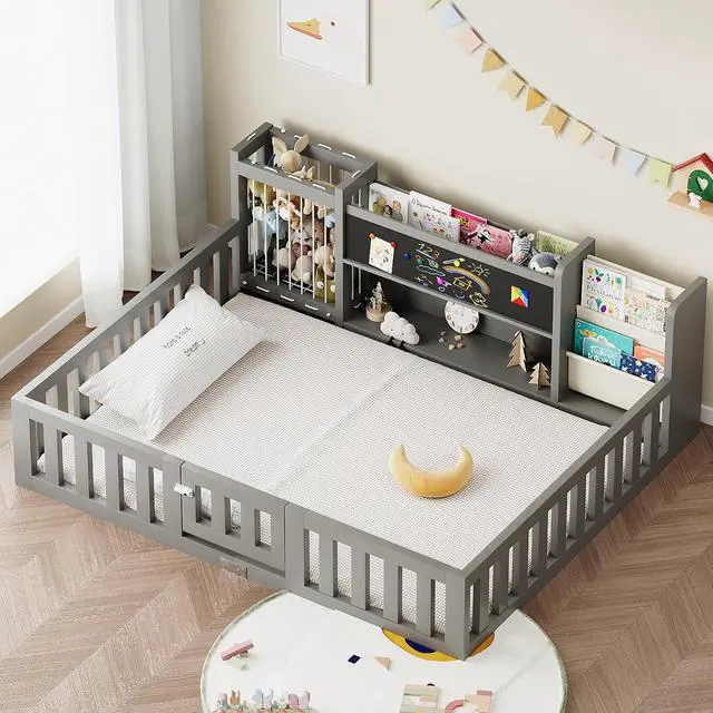 Alt view image 4 of 7 - Montessori Wood Toddler Floor Bed with Door, Safety Guard Rails, Blackboard, Bedside Bookshelf & Plush Toy Storage, Low Kids Bed Frame for Boys and GirlsGray Full