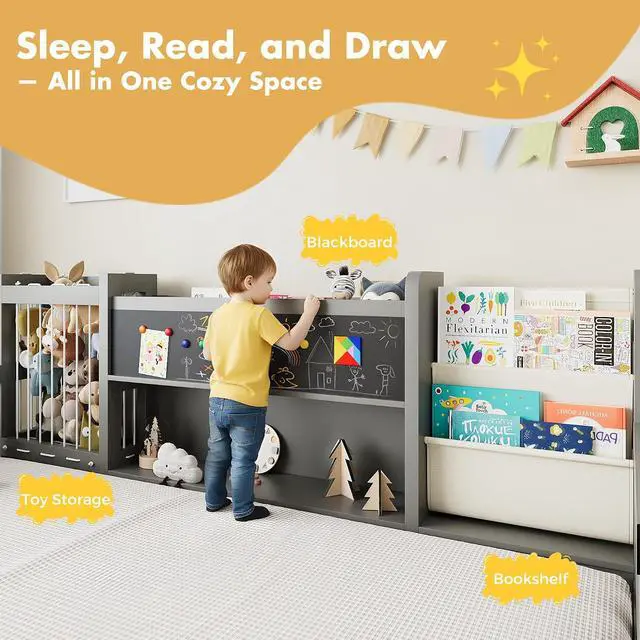 Alt view image 5 of 7 - Montessori Wood Toddler Floor Bed with Door, Safety Guard Rails, Blackboard, Bedside Bookshelf & Plush Toy Storage, Low Kids Bed Frame for Boys and GirlsGray Full