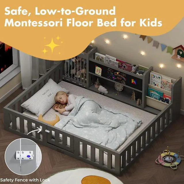 Alt view image 6 of 7 - Montessori Wood Toddler Floor Bed with Door, Safety Guard Rails, Blackboard, Bedside Bookshelf & Plush Toy Storage, Low Kids Bed Frame for Boys and GirlsGray Full