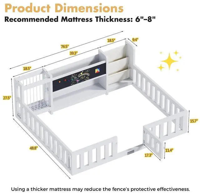 Alt view image 2 of 7 - Montessori Wood Toddler Floor Bed with Door, Safety Guard Rails, Blackboard, Bedside Bookshelf & Plush Toy Storage, Low Kids Bed Frame for Boys and GirlsWhite Twin