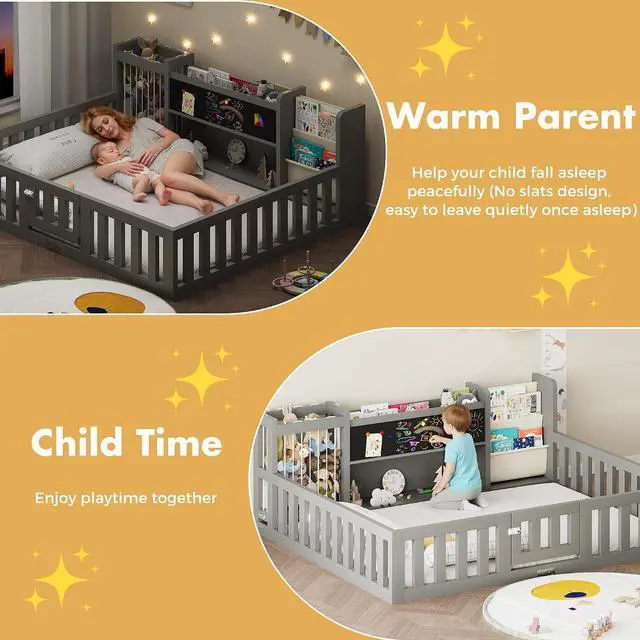 Alt view image 7 of 7 - Montessori Wood Toddler Floor Bed with Door, Safety Guard Rails, Blackboard, Bedside Bookshelf & Plush Toy Storage, Low Kids Bed Frame for Boys and GirlsGray Full