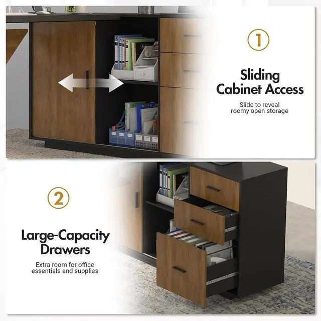 Alt view image 7 of 7 - 74.4" L-Shaped Executive Desk w/ Power Outlets & Glass Display Cabinet, Large Office Desk w/ 3 Drawers & File Cabinet, Corner Computer Desk Business Workstation for Home Office (Black + Dark Wood)