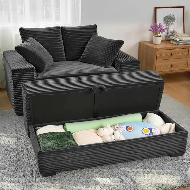 Main image of Luxe Chaise Lounge Chair Indoor with Storage Ottoman, Comfy Corduroy Oversized Lounge Sofa with 4 Pillows, 60" Modern Upholstered Sleeper Couch Bed for Bedroom (Dark Grey, 57 in)