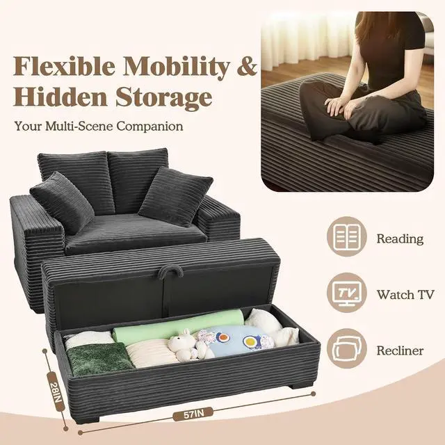 Alt view image 7 of 7 - Luxe Chaise Lounge Chair Indoor with Storage Ottoman, Comfy Corduroy Oversized Lounge Sofa with 4 Pillows, 60" Modern Upholstered Sleeper Couch Bed for Bedroom (Dark Grey, 57 in)