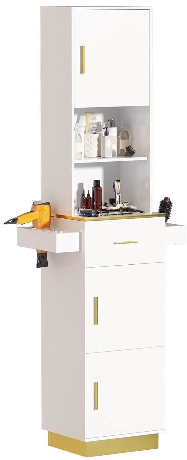 Main image of Tall Hair Salon Station for Hair Stylist with Storage (White) | 6 Tools Holders, a Drawer, 2 Open Shelves, 3 Large Storage Cabinets
