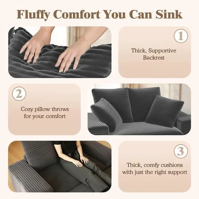 Alt view image 4 of 7 - Luxe Chaise Lounge Chair Indoor with Storage Ottoman, Comfy Corduroy Oversized Lounge Sofa with 4 Pillows, 60" Modern Upholstered Sleeper Couch Bed for Bedroom (Dark Grey, 57 in)