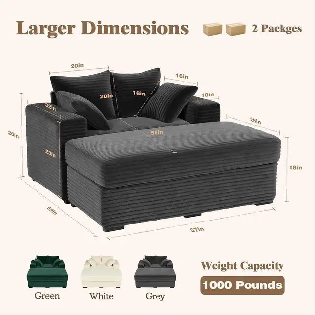 Alt view image 7 of 7 - Indoor Chaise Lounge Chair With Storage Ottoman, Modern 60-Inch Lounge Sofa Chair With Wide Armrests & 4 Pillows, Oversized Comfy Reading Lounger For Living Room, BedroomWide-Rib Corduroy Grey)