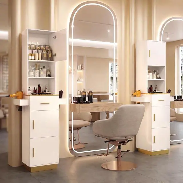 Alt view image 2 of 7 - Tall Hair Salon Station for Hair Stylist with Storage (White) | 6 Tools Holders, a Drawer, 2 Open Shelves, 3 Large Storage Cabinets