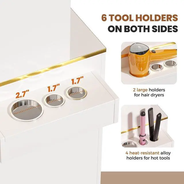 Alt view image 4 of 7 - Tall Hair Salon Station for Hair Stylist with Storage (White) | 6 Tools Holders, a Drawer, 2 Open Shelves, 3 Large Storage Cabinets