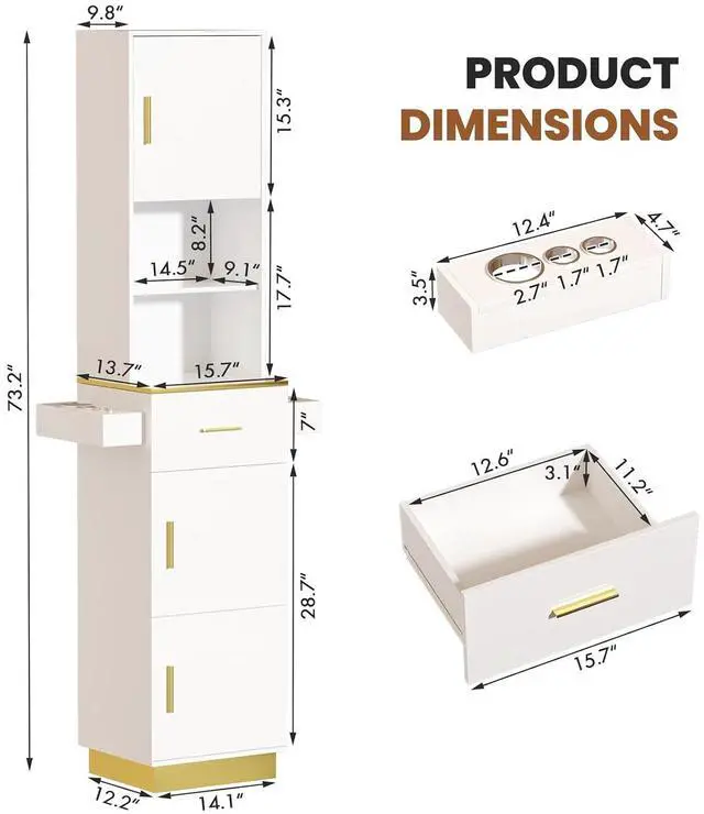 Alt view image 3 of 7 - Tall Hair Salon Station for Hair Stylist with Storage (White) | 6 Tools Holders, a Drawer, 2 Open Shelves, 3 Large Storage Cabinets
