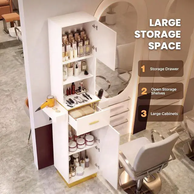 Alt view image 5 of 7 - Tall Hair Salon Station for Hair Stylist with Storage (White) | 6 Tools Holders, a Drawer, 2 Open Shelves, 3 Large Storage Cabinets