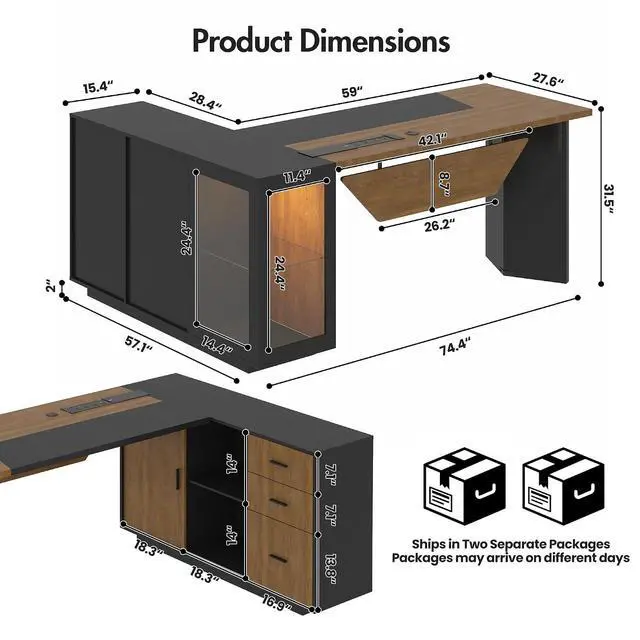 Alt view image 2 of 7 - 74.4" L-Shaped Executive Desk w/ Power Outlets & Glass Display Cabinet, Large Office Desk w/ 3 Drawers & File Cabinet, Corner Computer Desk Business Workstation for Home Office (Black + Dark Wood)