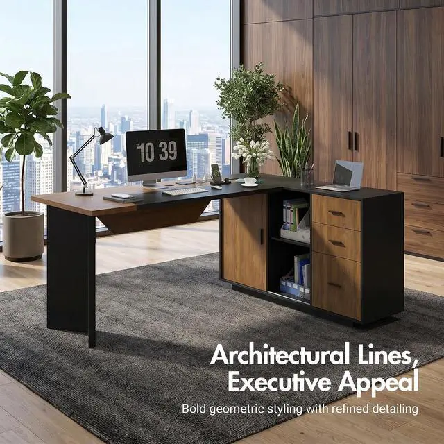 Alt view image 3 of 7 - 74.4" L-Shaped Executive Desk w/ Power Outlets & Glass Display Cabinet, Large Office Desk w/ 3 Drawers & File Cabinet, Corner Computer Desk Business Workstation for Home Office (Black + Dark Wood)